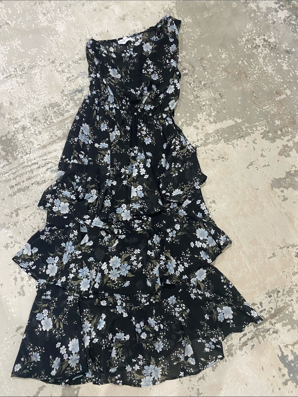 Petal & Pup Black One-Shoulder Floral Ruffle Maxi Dress